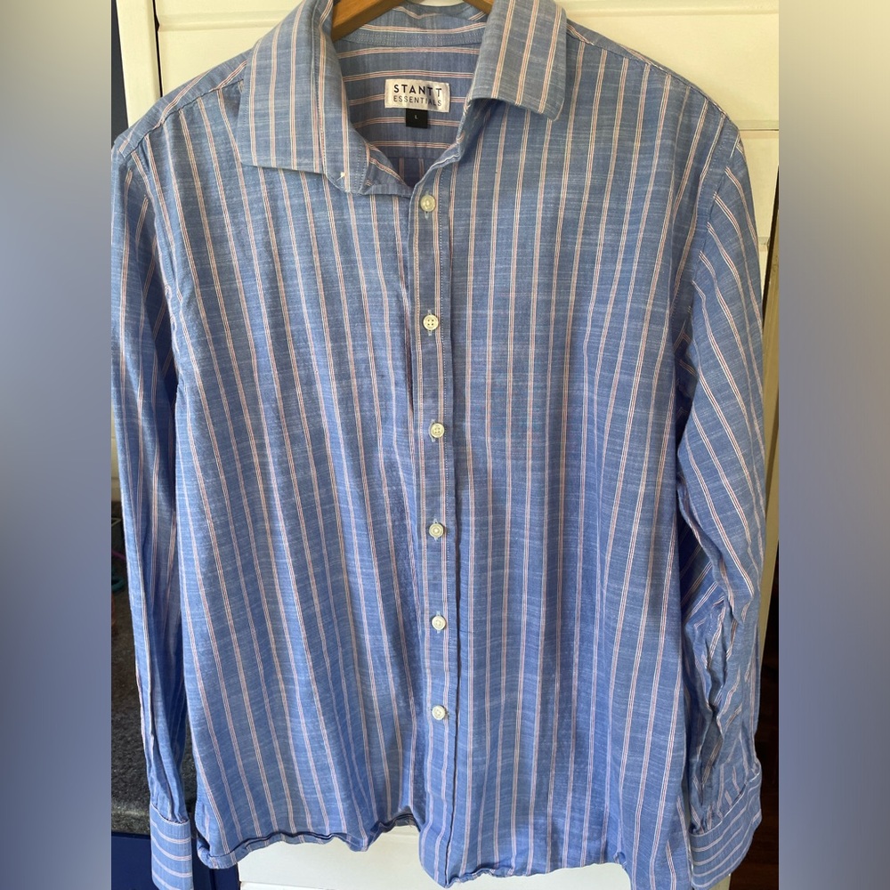 Stantt Men's Blue and White Striped Button Down Shirt